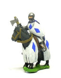 MID12 Mounted Knights, 1200-1350AD with Heater Shield & Mace or Axe in Helmets & hooded cloaks, on Barded Horse