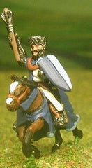 MID6 Mounted Knights, 1150-1200AD with Large Shield & Mace, Axe or Sword, in Mail Coif over Flat Top Helm on Unarmoured Horse