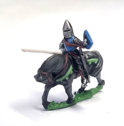 MID15 Mounted Knights, 1250-1300AD in Mail Coat, Leather Back & Breast & assorted Helms, with Heater Shield & Lance on Barded Horse