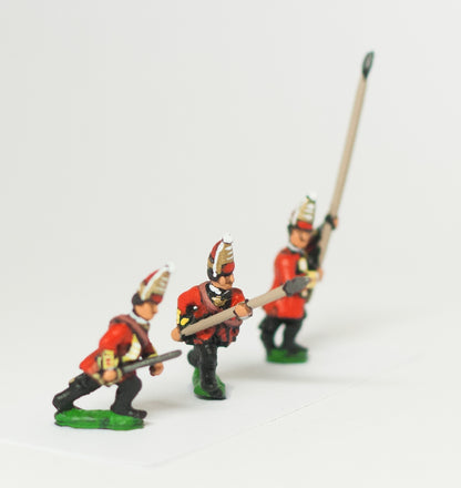 SYBR4a Seven Years War British: Command: Grenadier Officer, Standard Bearer & Drummer, advancing, with variants