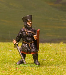 F26 Early Medieval: Dismounted Knight c.1175 with Sword, in Mail & Flat Topped Helm