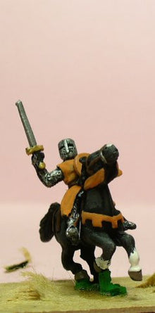 MID9A Mounted Knights, 1200-1250AD, with Kite Shield & Mace, Axe or Sword, in Barrel Helms, on Unarmoured Horse