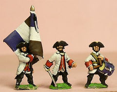 SYF3 Seven Years War French: Command: Fusilier Officer, Drummer & Standard Bearer with cast metal flag