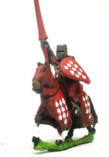 MID11 Mounted Knights, 1100-1250AD, with Kite Shield & Lance, in Helmets & hooded cloaks, on Barded Horse