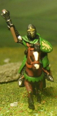 MID12a Mounted Knights, 1200-1350AD with Heater Shield, Mace or Axe and Sword in Helmets & hooded cloaks, on Unarmoured Horse