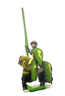 MID13 Mounted Knights, 1200-1350AD with Kite Shield & Lance, in Kettle Helms on Barded Horse