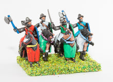 MID14 Mounted Knights, 1200-1350AD with Kite Shield & Mace, Axe or Sword, in Kettle Helms on Barded Horse