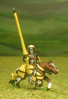 MID17 Mounted Knights, 1250-1350AD, in Crested helms, with Heater Shield & Lance on Barded Horse
