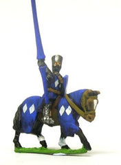 MID5 Mounted Knights, 1150-1200AD with Large Shield & Lance, in Flat Top Helm & Mail Surcoat, on Barded Horse
