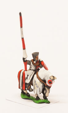 MID7 Mounted Knights, 1150-1200AD with Large Shield & Lance, in Mail Coif over Flat Top Helm, on Barded Horse
