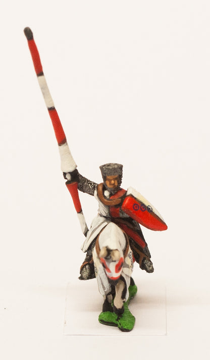 MID7 Mounted Knights, 1150-1200AD with Large Shield & Lance, in Mail Coif over Flat Top Helm, on Barded Horse