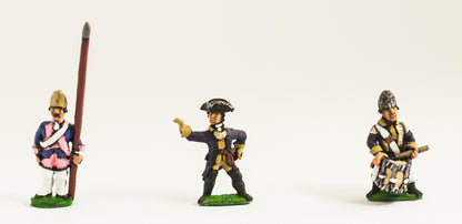 SYP6c Seven Years War Prussian: Command: Fusilier Officer, Standard Bearer (bare flag pole only - no cast flag) & Drummer